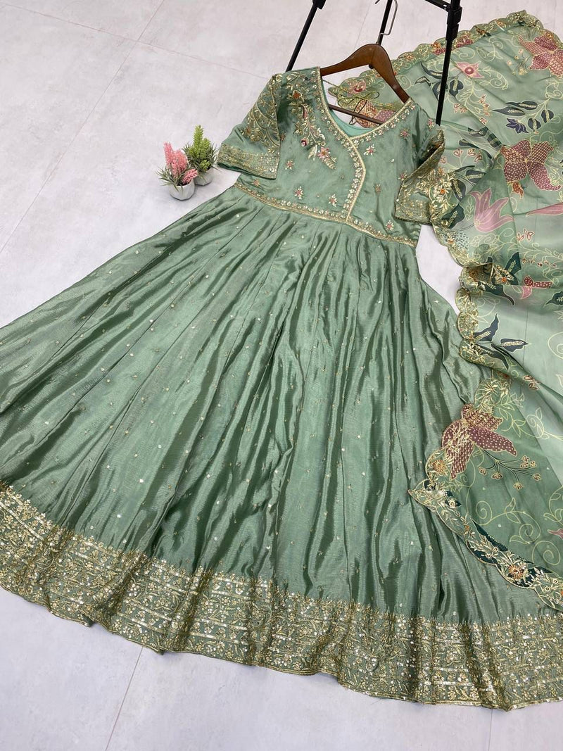 Olive Green Embroidered Anarkali Set with Digital Printed Dupatta