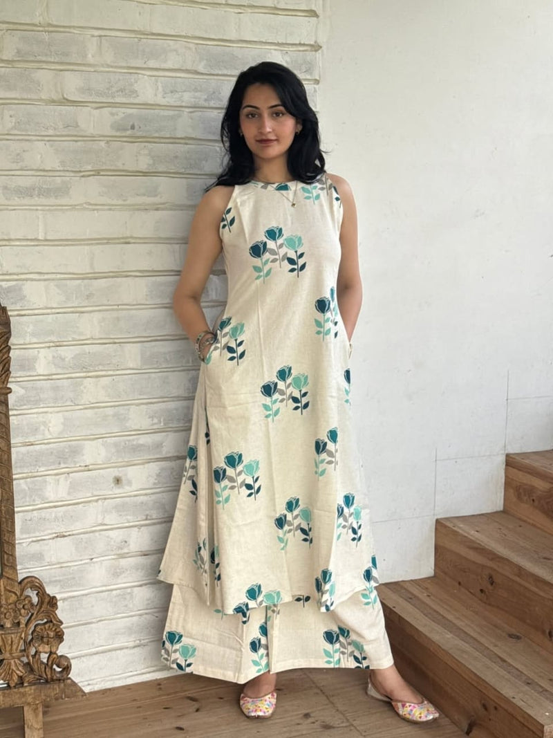 Beige Floral Cotton Co-Ord Set with Teal Blue Prints