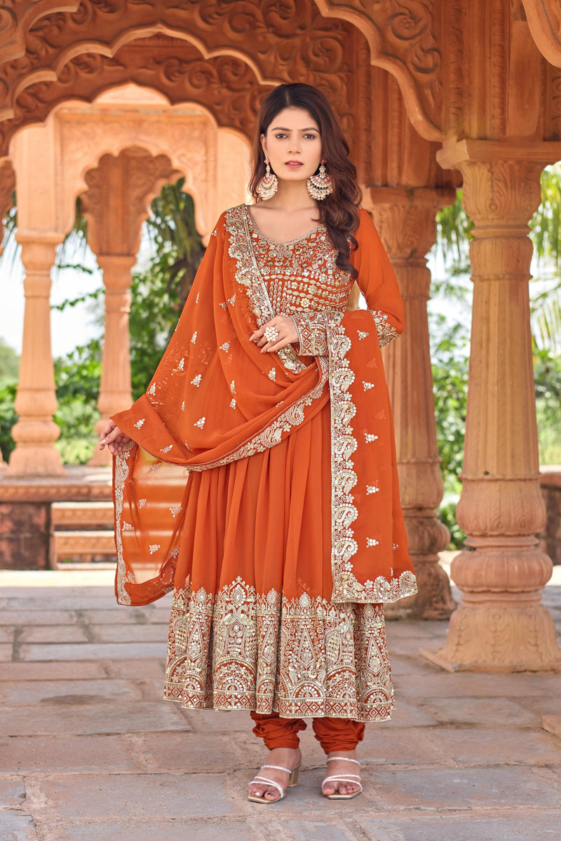 Majestic Rust Orange Heavy Embroidered Anarkali Set with Dupatta