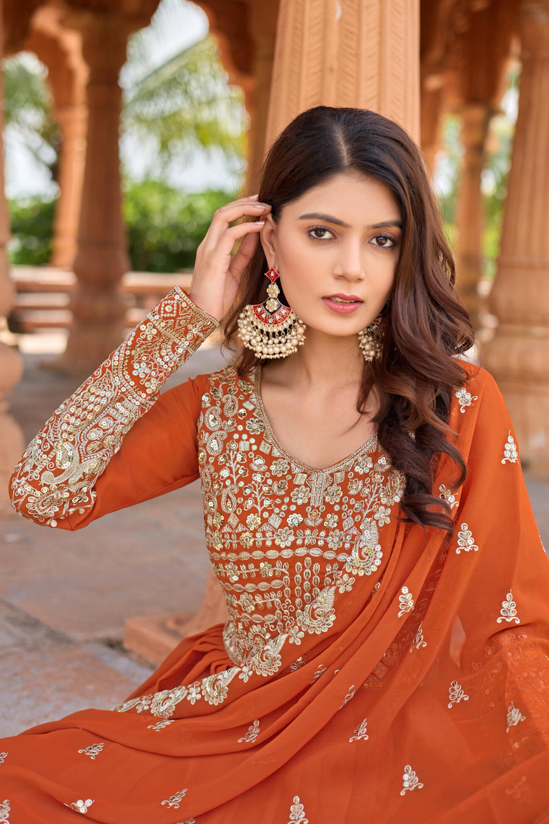 Majestic Rust Orange Heavy Embroidered Anarkali Set with Dupatta