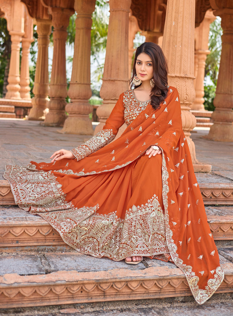 Majestic Rust Orange Heavy Embroidered Anarkali Set with Dupatta