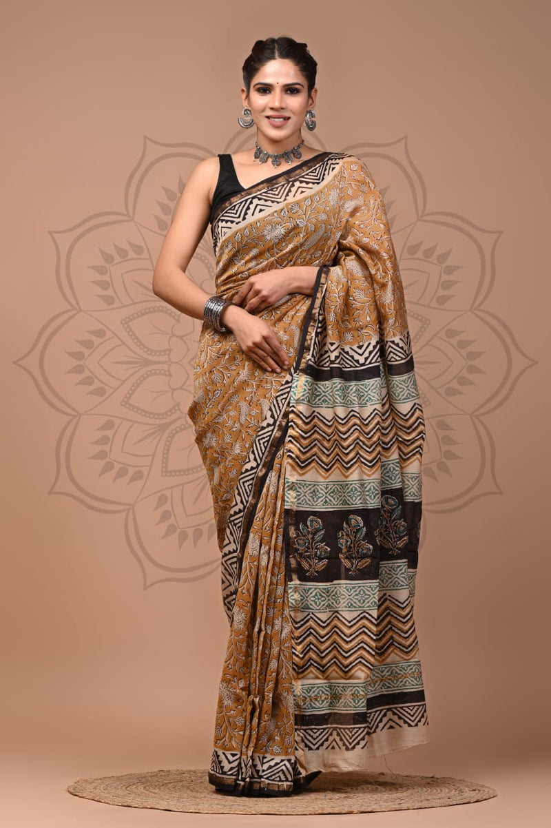 Mustard Brown & Black Floral Block Print Saree