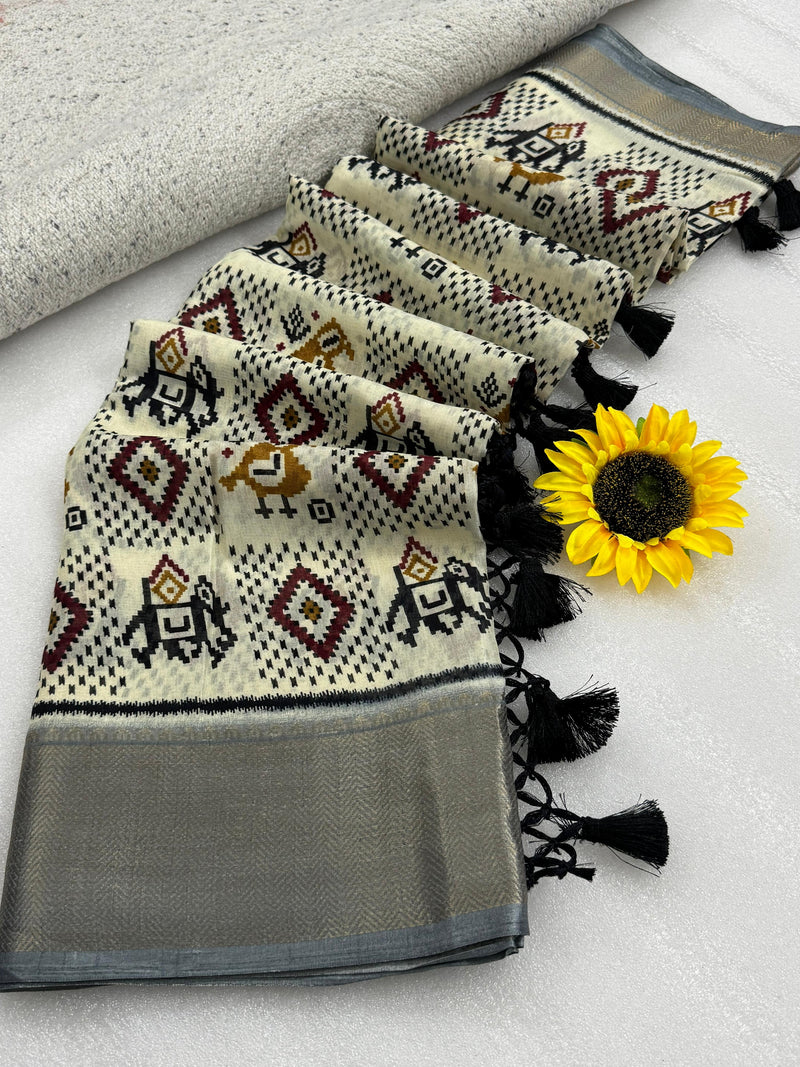 Ivory Ikat Silk Saree with Grey Border & Tassel Detailing