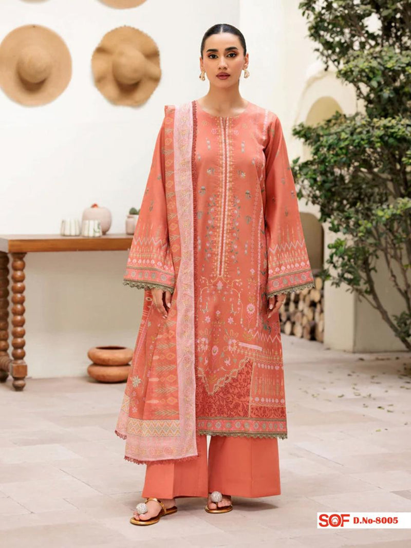 Peach Printed Cotton Kurti Set with Subtle Embroidery & Dupatta