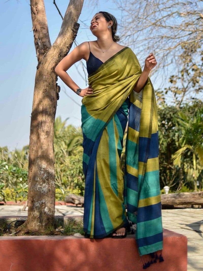 Mustard Green & Navy Blue Handloom Cotton Striped Saree