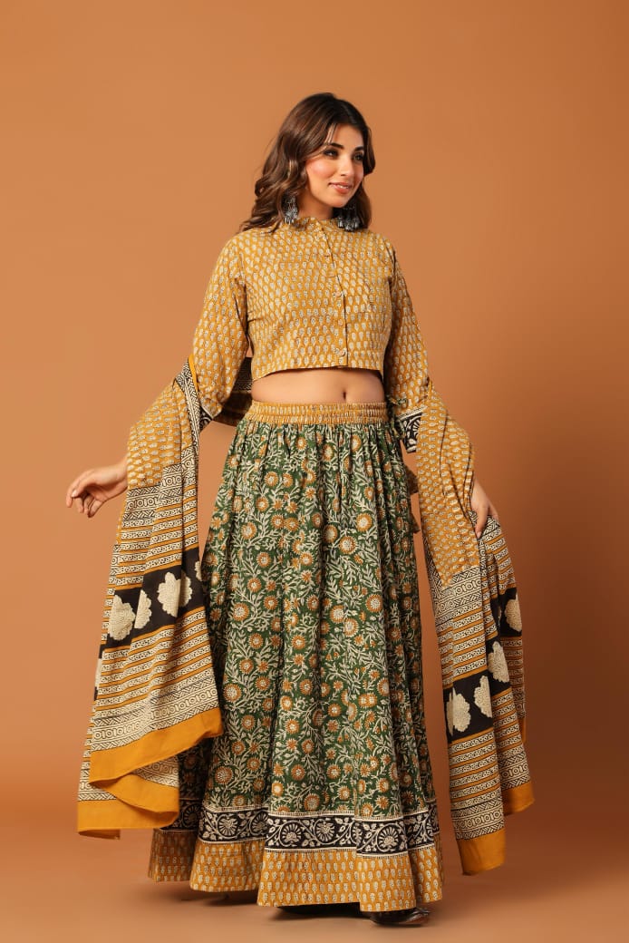 Mustard & Green Hand Block Printed Kurti Skirt Set