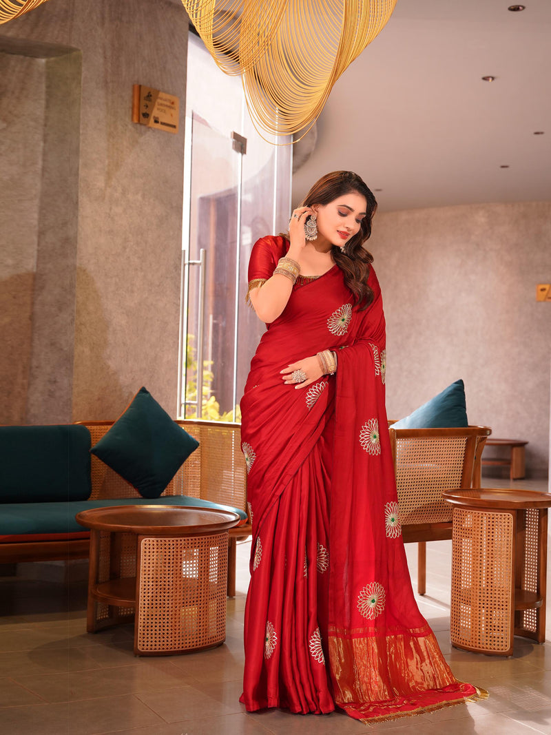 Scarlet Red Silk Saree with Golden Border & Embroidered Motifs