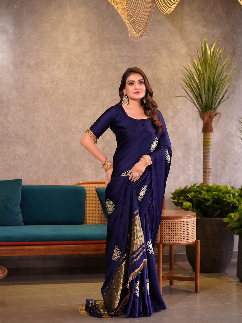 Navy Blue Silk Saree with Golden Border & Embroidered Motifs