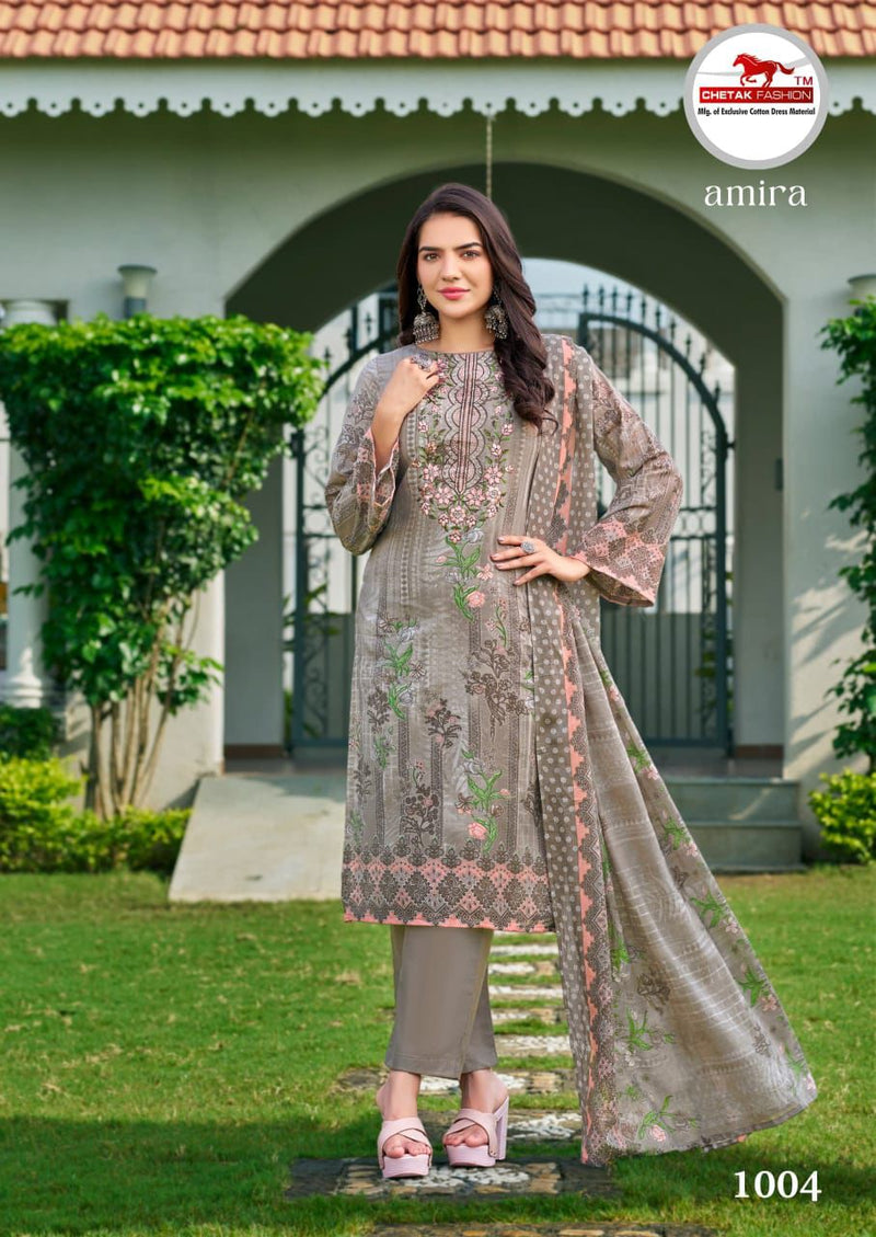 Taupe Brown Printed Cotton Kurti Set with Subtle Embroidery and Peach Accents