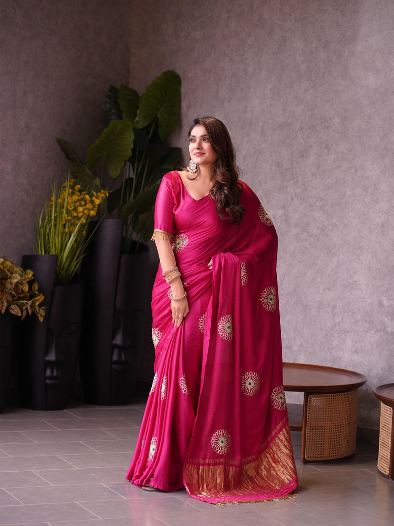 Rani Pink Silk Saree with Golden Border & Embroidered Motifs