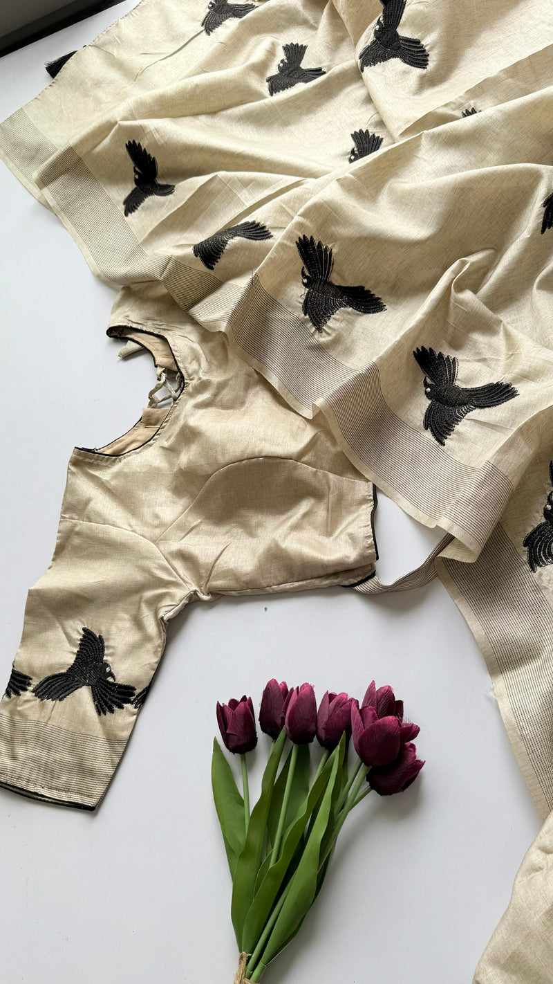 Creamy Beige Silk Blend Saree with Black Bird Embroidery & Designer Blouse