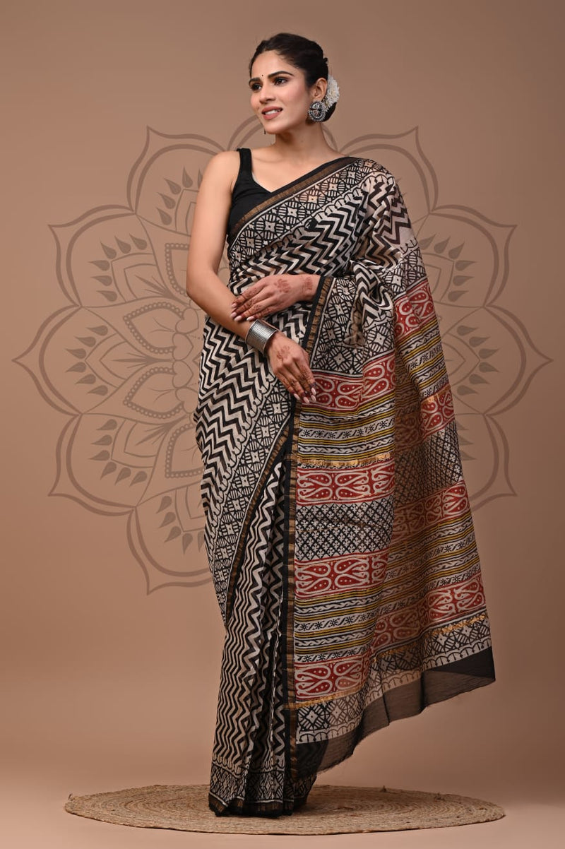 Black & Multicolor Geometric Print Saree