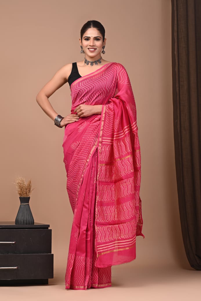 Bright Rani Pink Handblock-Inspired Saree
