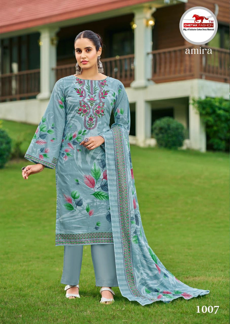 Sky Blue Leaf Print Cotton Kurti Set with Embroidered Neckline