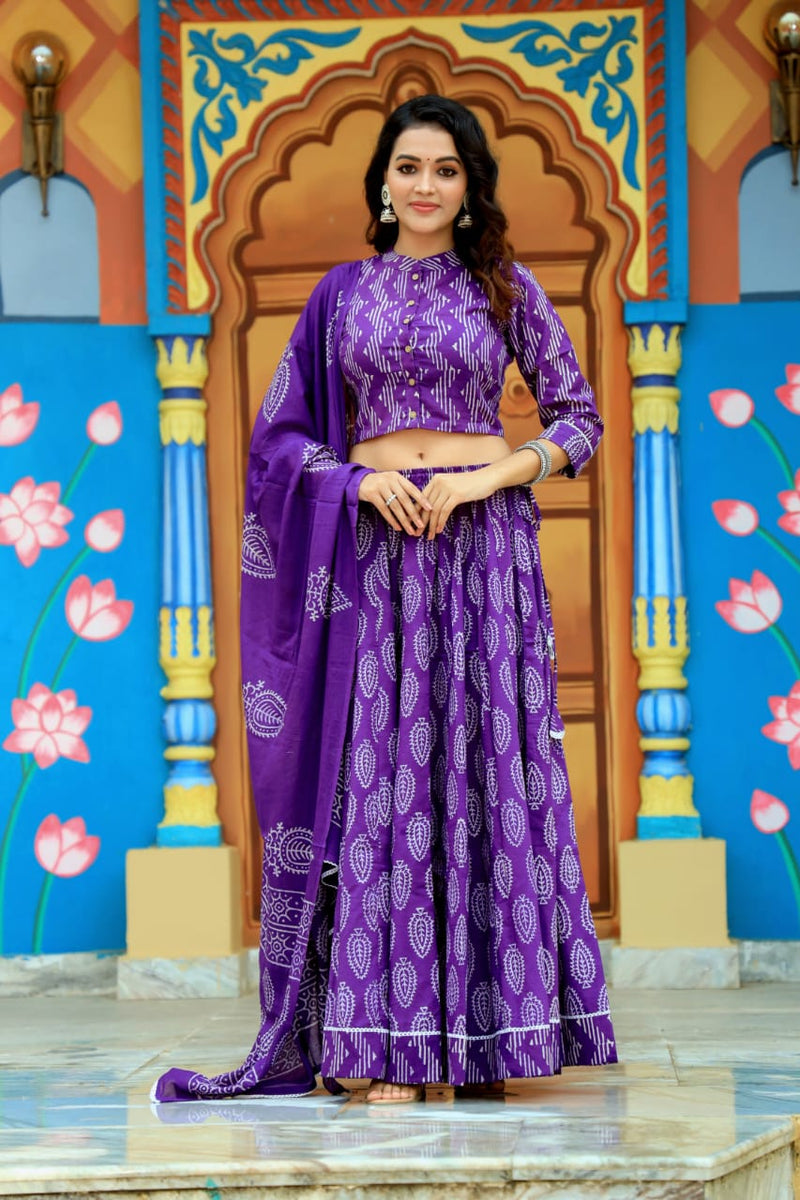 Purple Hand Block Printed Kurti Skirt Dupatta Set