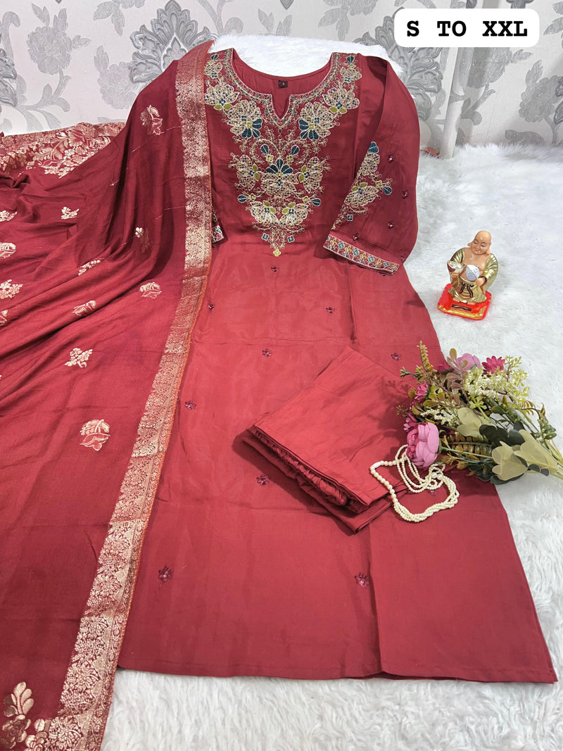 Maroon Floral Embroidered Kurti Set with Zari Dupatta