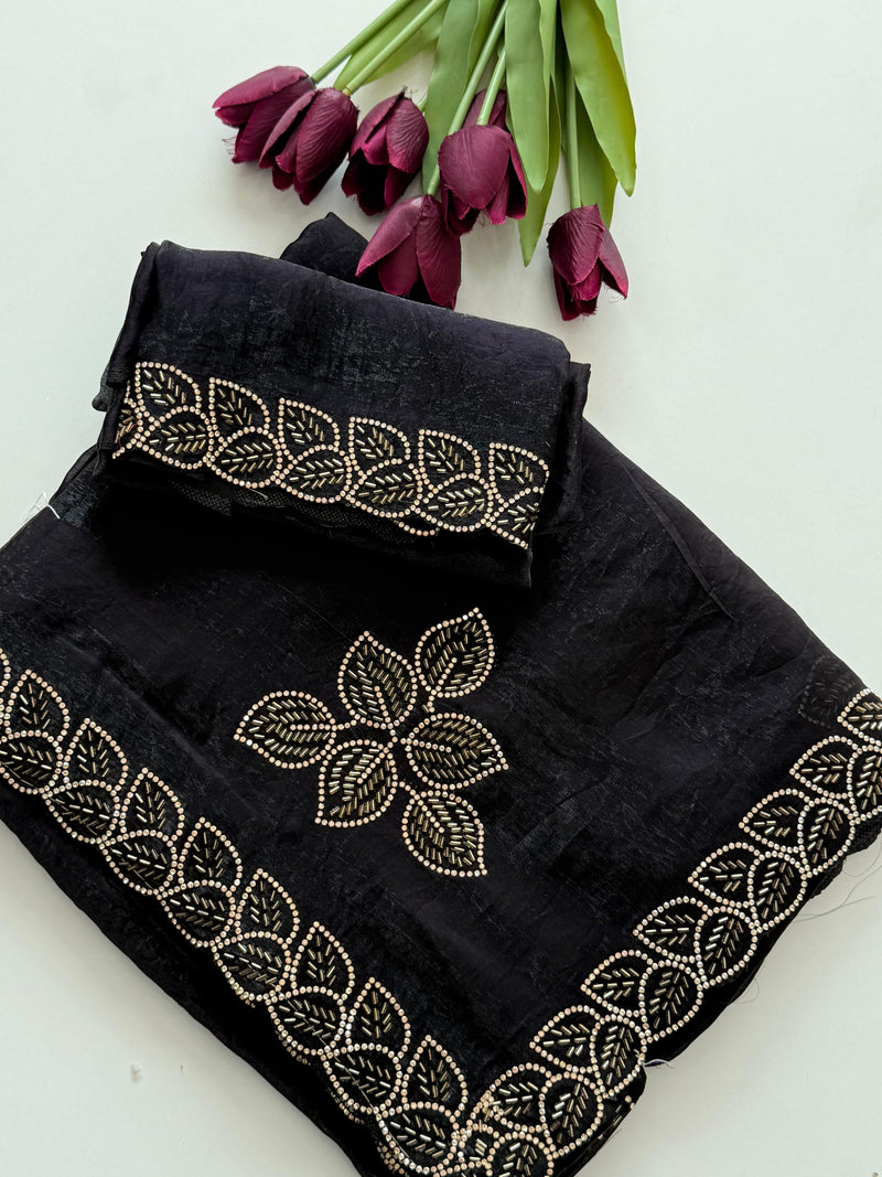 Elegant Black Embroidered Suit Set with Leaf Motif