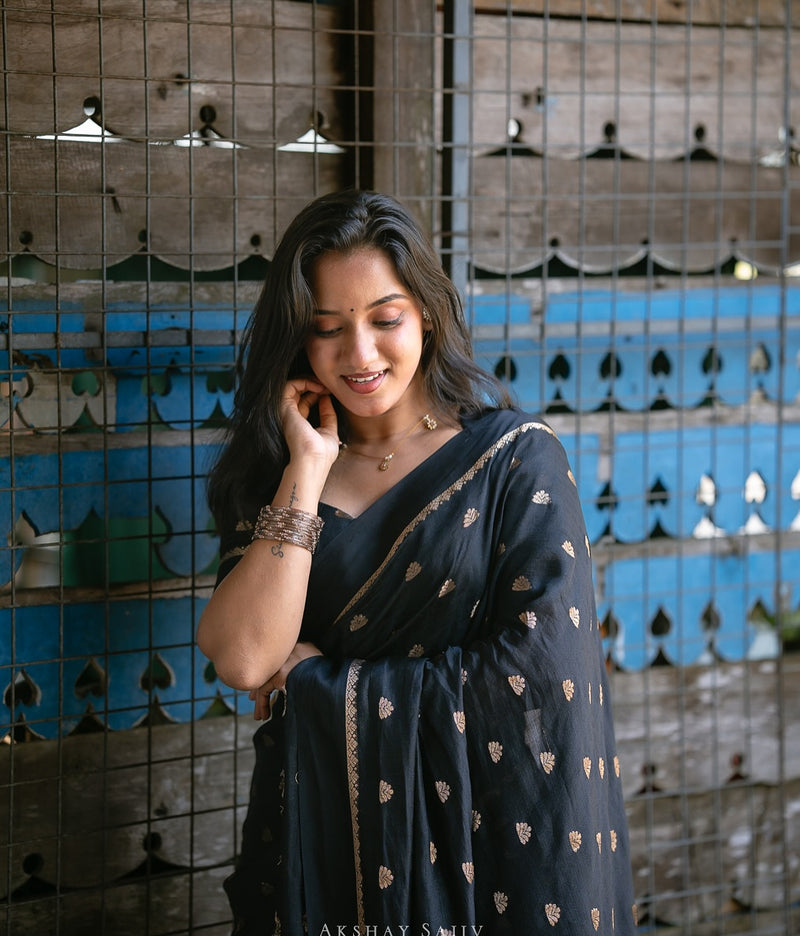 Timeless Black Banarasi Silk Saree with Golden Zari Butta