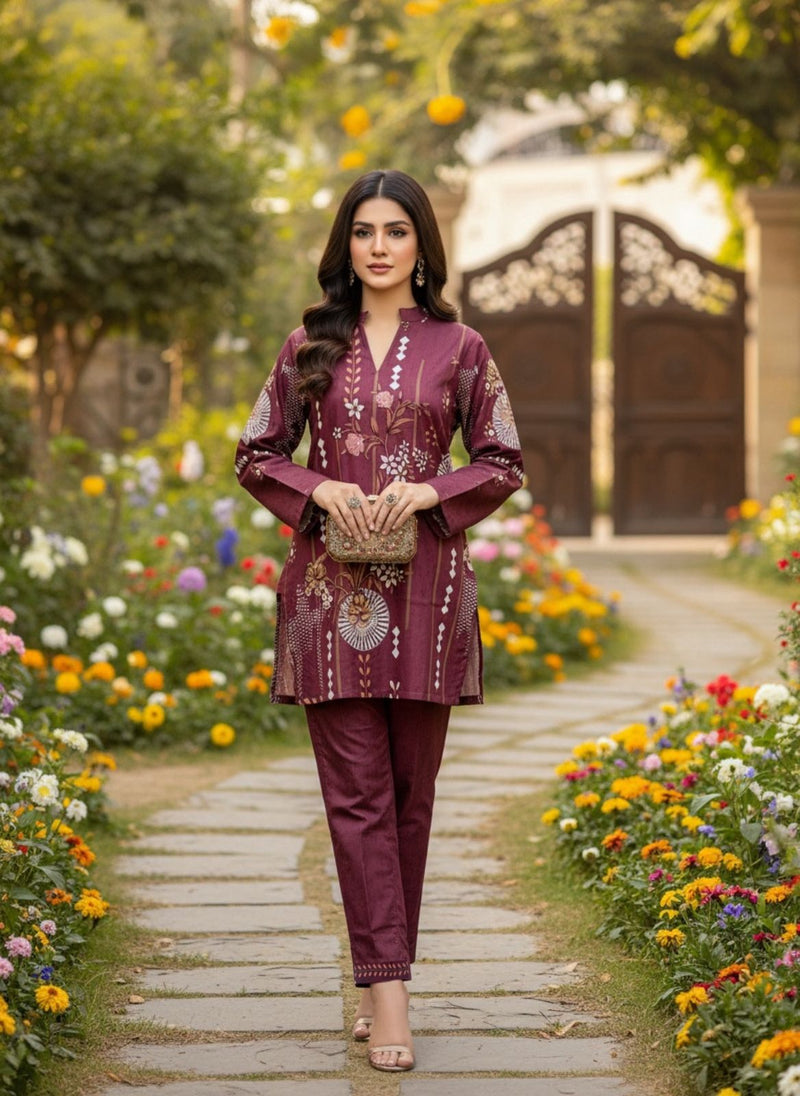 Maroon Floral Embroidered Cotton Suit Set