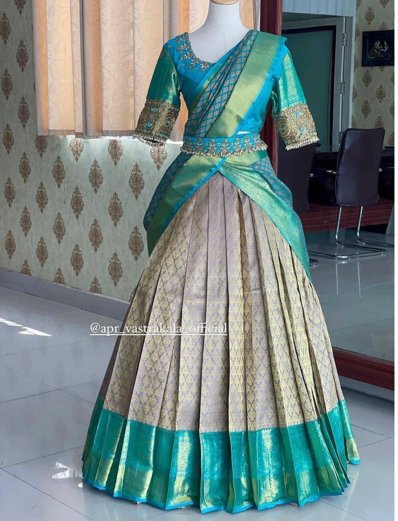 Majestic Sea Blue & Silver Kanjivaram Silk Half Saree with Embroidered Blouse