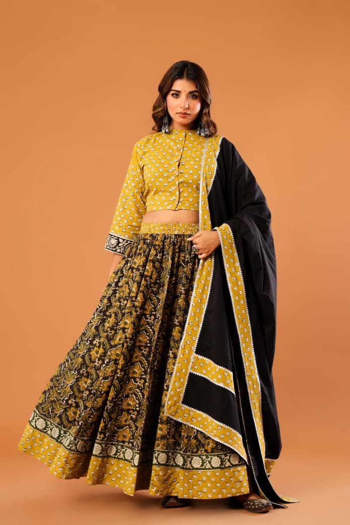 Mustard & Black Hand Block Printed Kurti Skirt Set