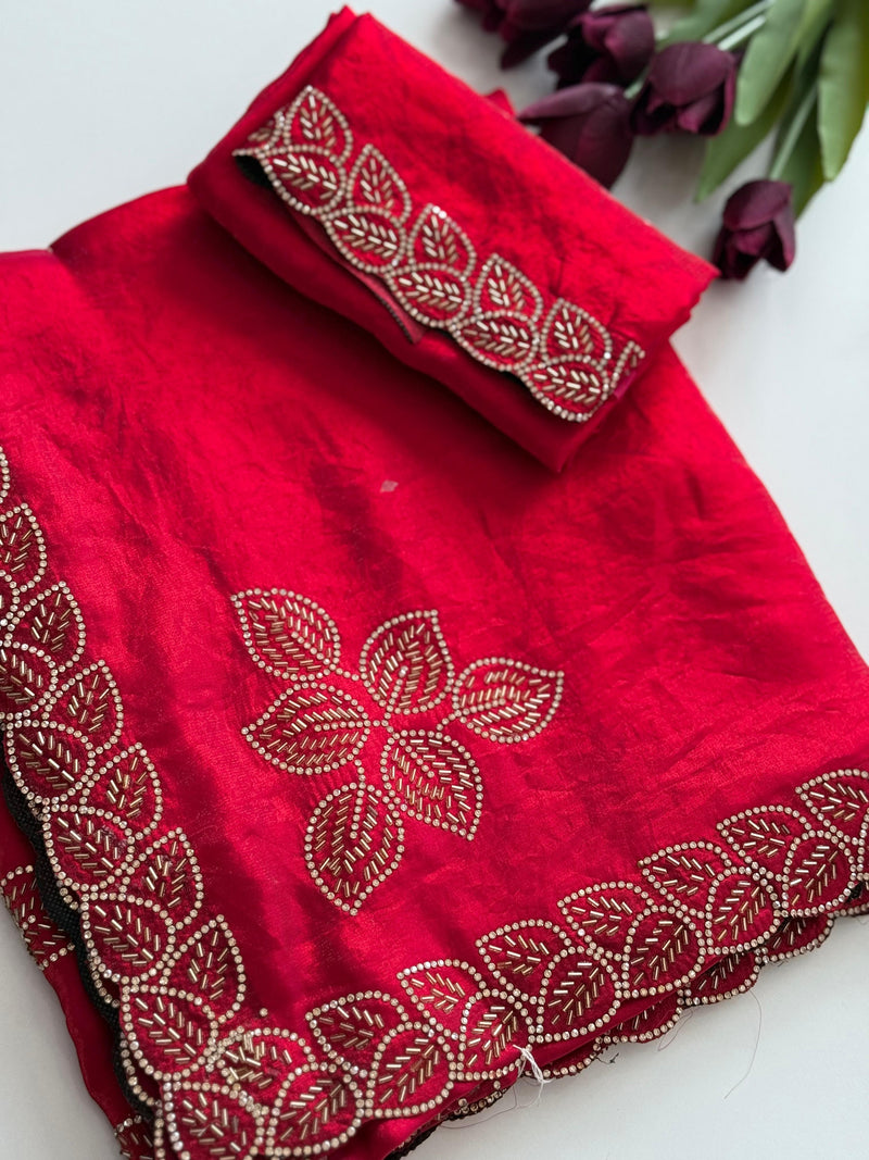 Classic Red Silk Blend Saree with Golden Leaf Embroidery