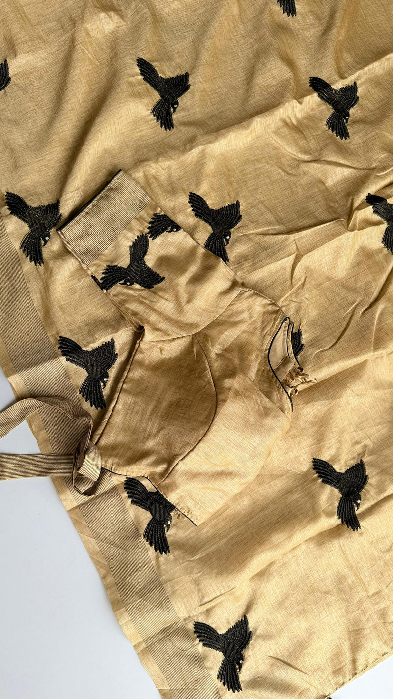Beige Silk Blend Saree with Black Bird Embroidery & Elegant Blouse