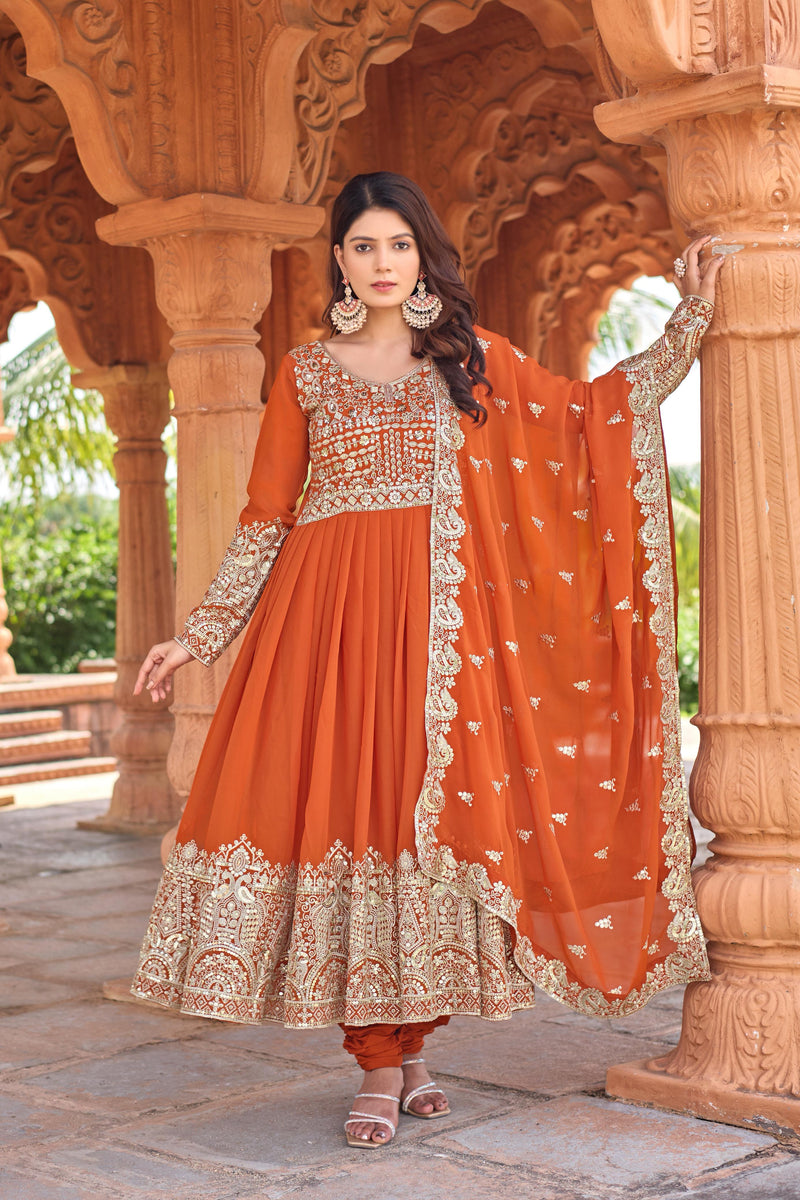 Majestic Rust Orange Heavy Embroidered Anarkali Set with Dupatta