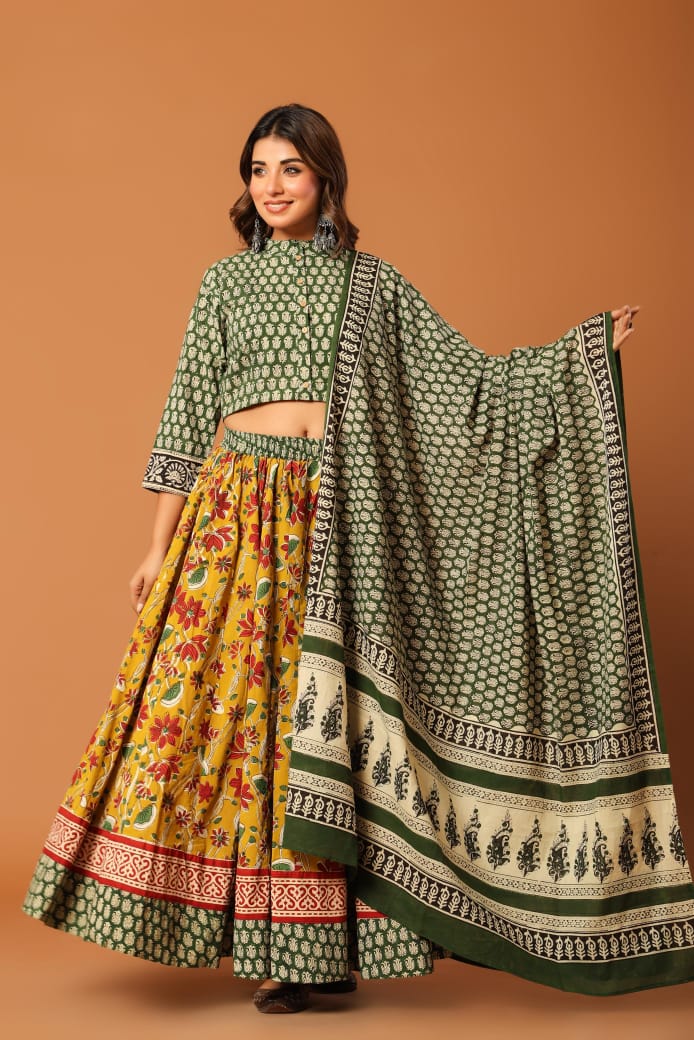 Green & Yellow Hand Block Printed Kurti Skirt Set