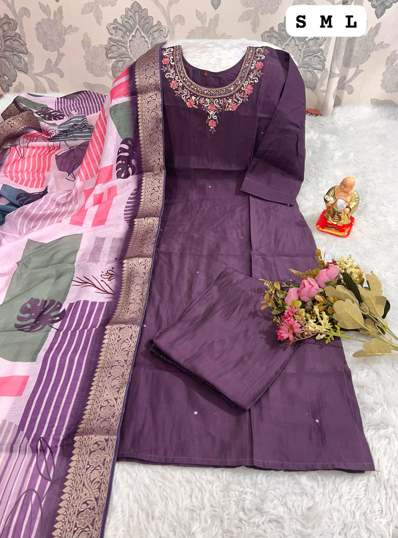 Elegant Deep Plum Embroidered Kurti Set with Abstract Printed Dupatta