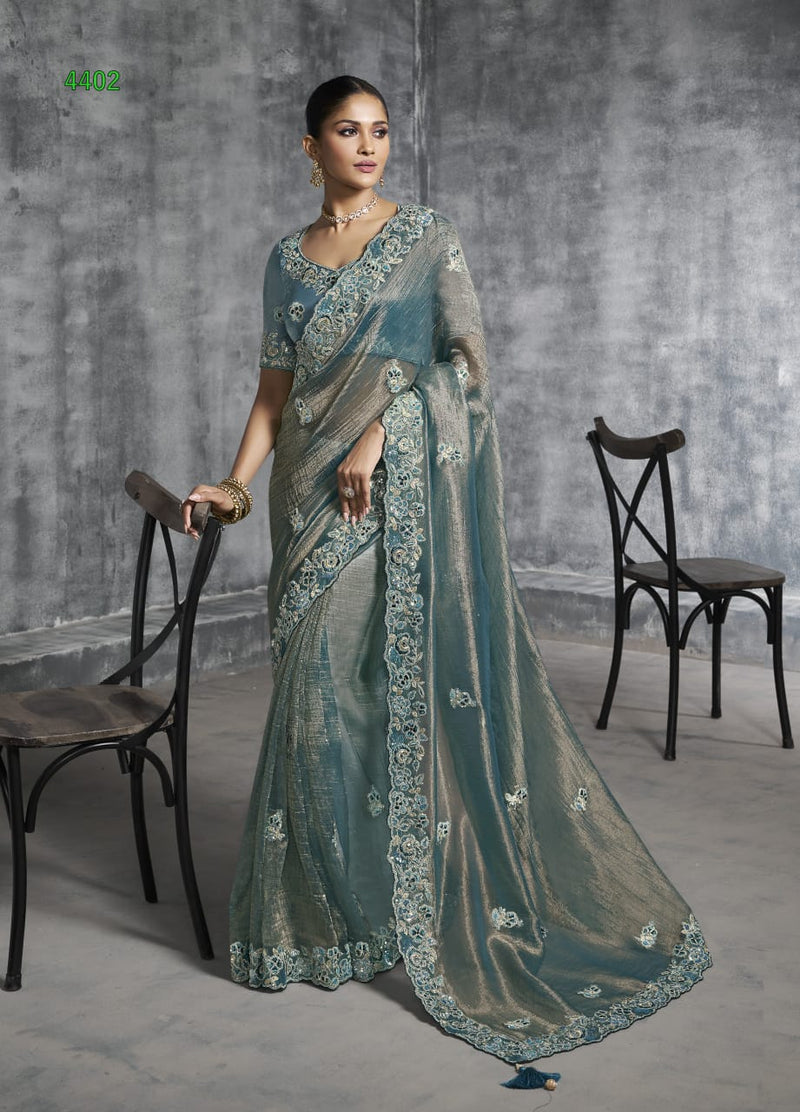 Teal Blue Embroidered Designer Saree