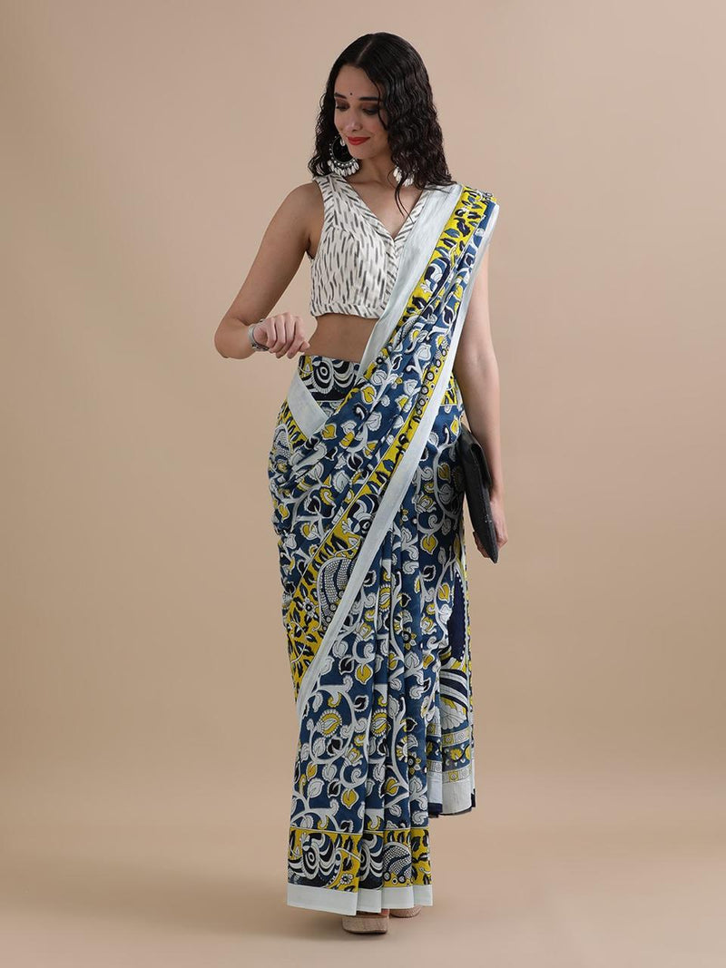 Navy Blue & Yellow Madhubani Print Cotton Saree