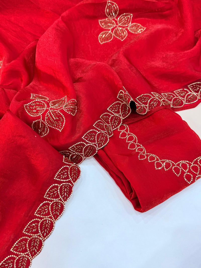 Classic Red Embroidered Saree with Golden Leaf Motifs