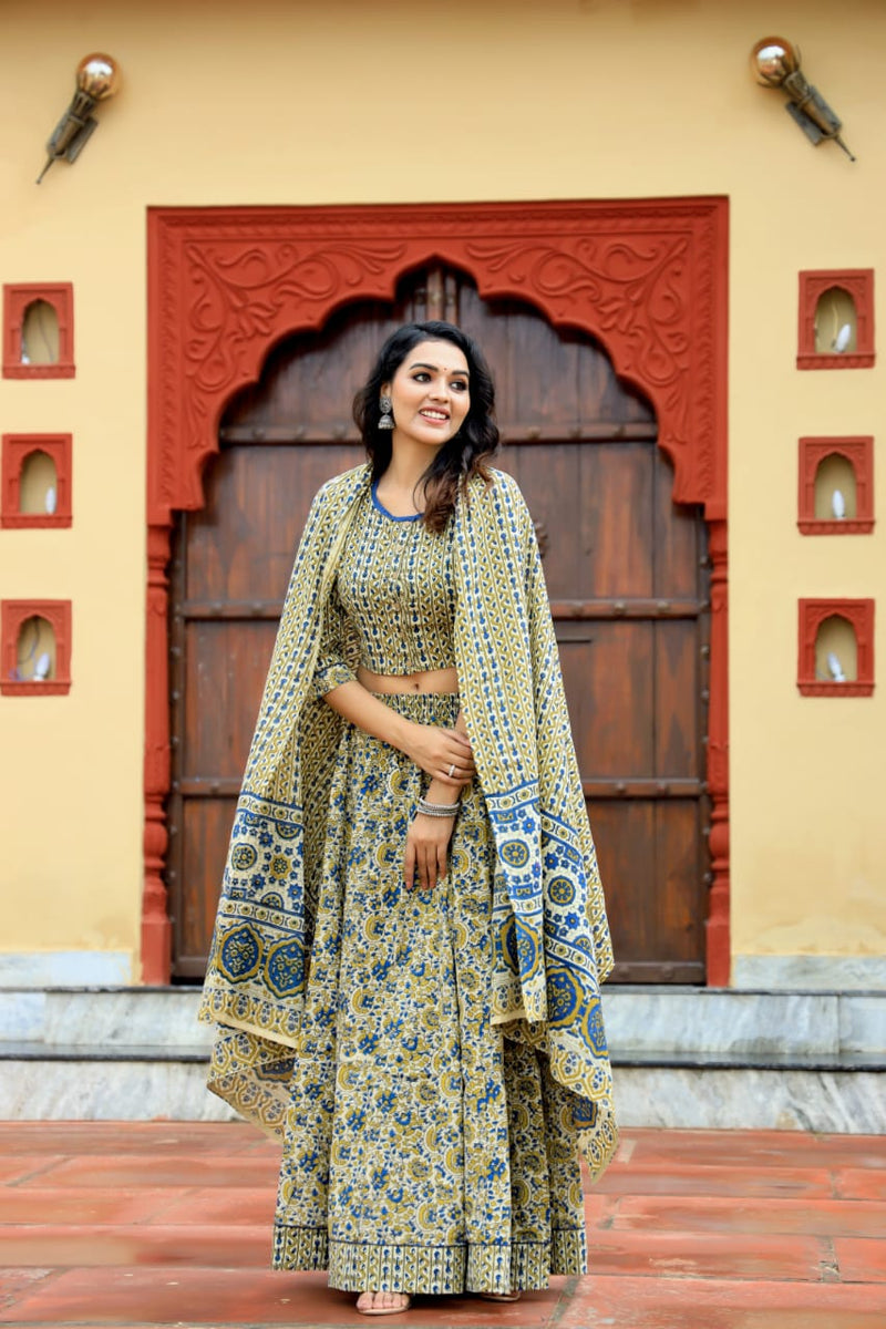 Yellow & Blue Hand Block Printed Kurti Skirt Set