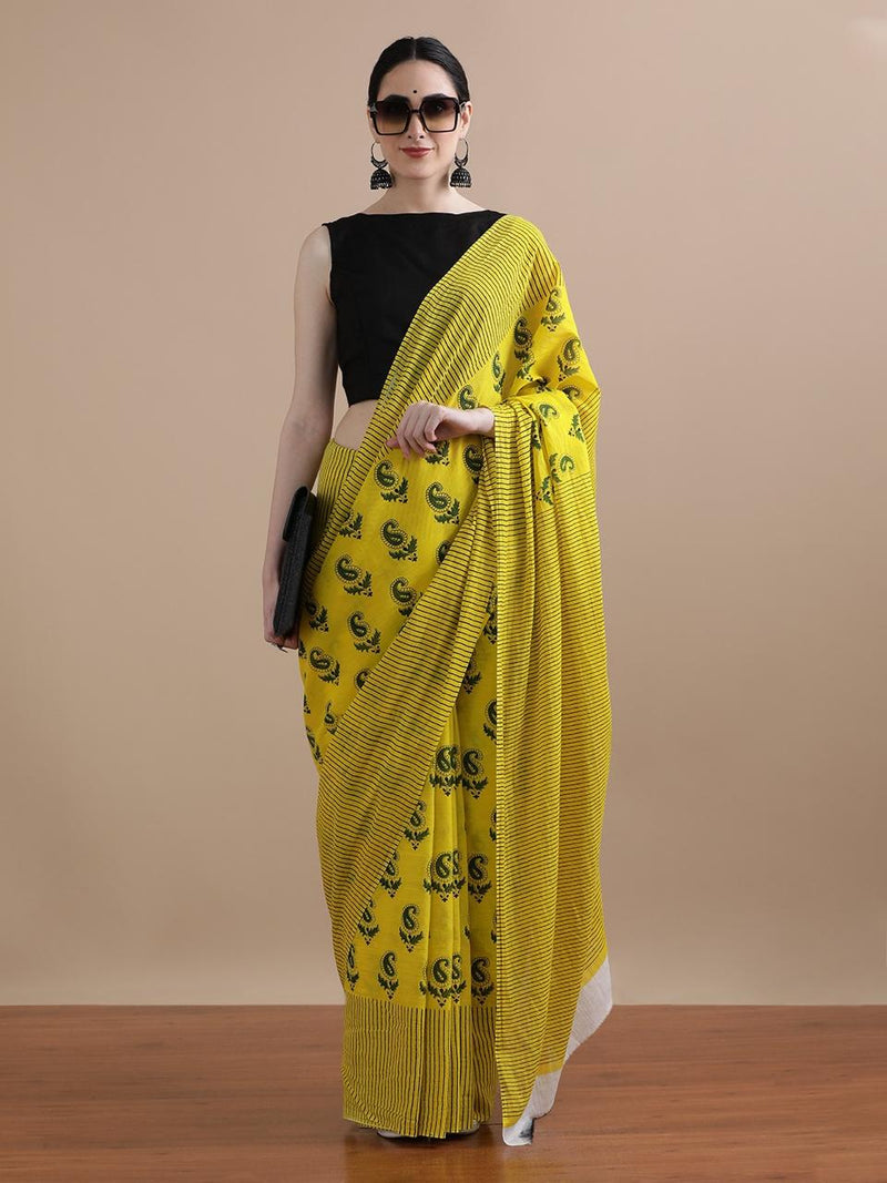 Sunshine Yellow Paisley Print Cotton Saree – Radiant Charm for Every Occasion