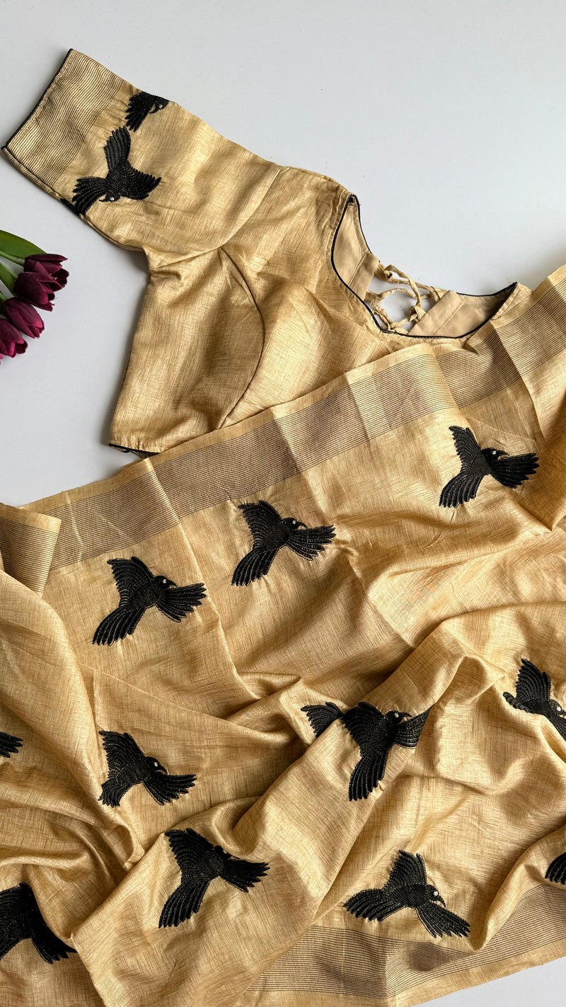 Peach Silk Blend Saree with Black Bird Embroidery & Matching Blouse