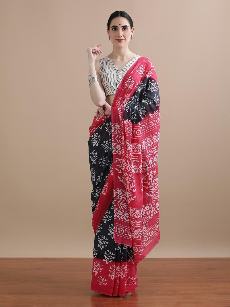 Black & Red Dual Tone Cotton Saree with Floral Prints