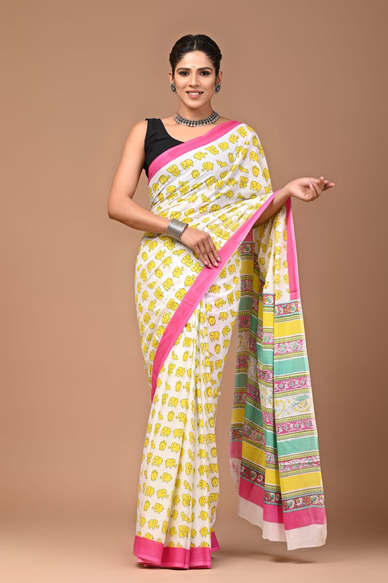 Yellow Elephant Print Cotton Saree with Pink Border