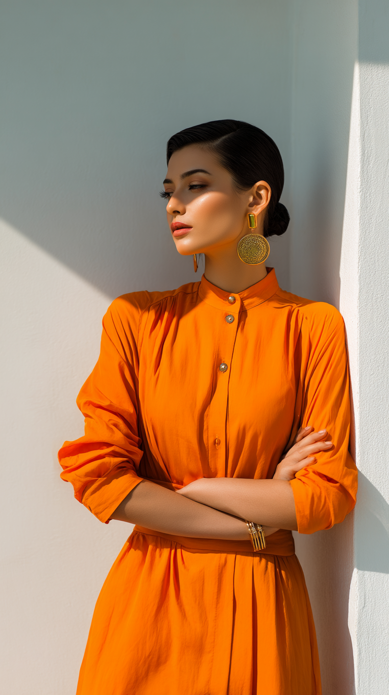 Women's Dress - Bright Orange Solid Silk Satin