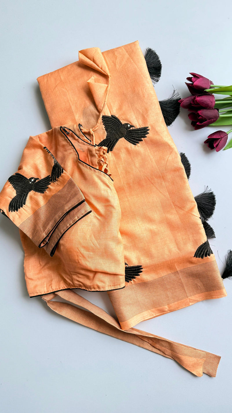 Peach Silk Blend Saree with Black Bird Embroidery & Tassels