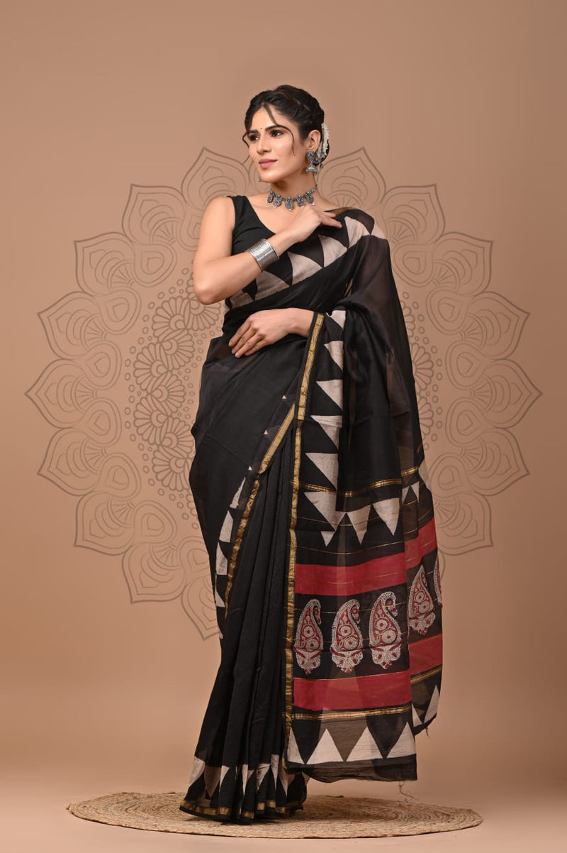 Black Silk Saree with Red & White Motifs