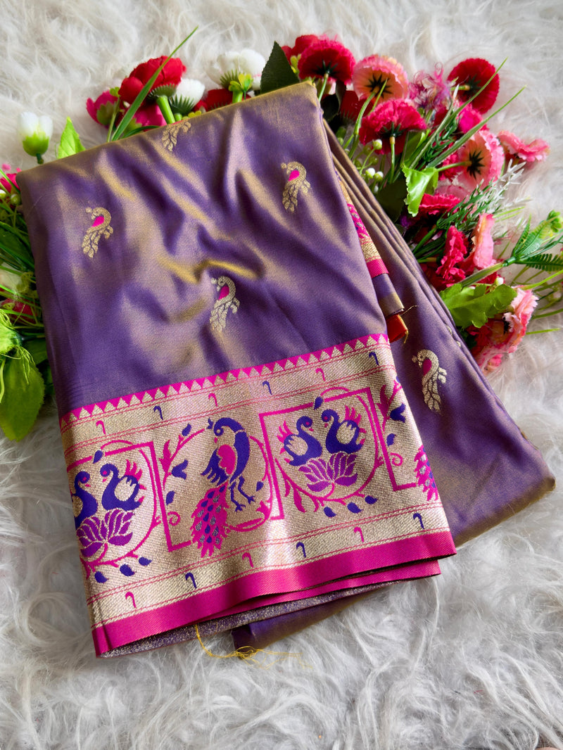 Violet Silk Saree with Pink Zari Border & Peacock Motifs