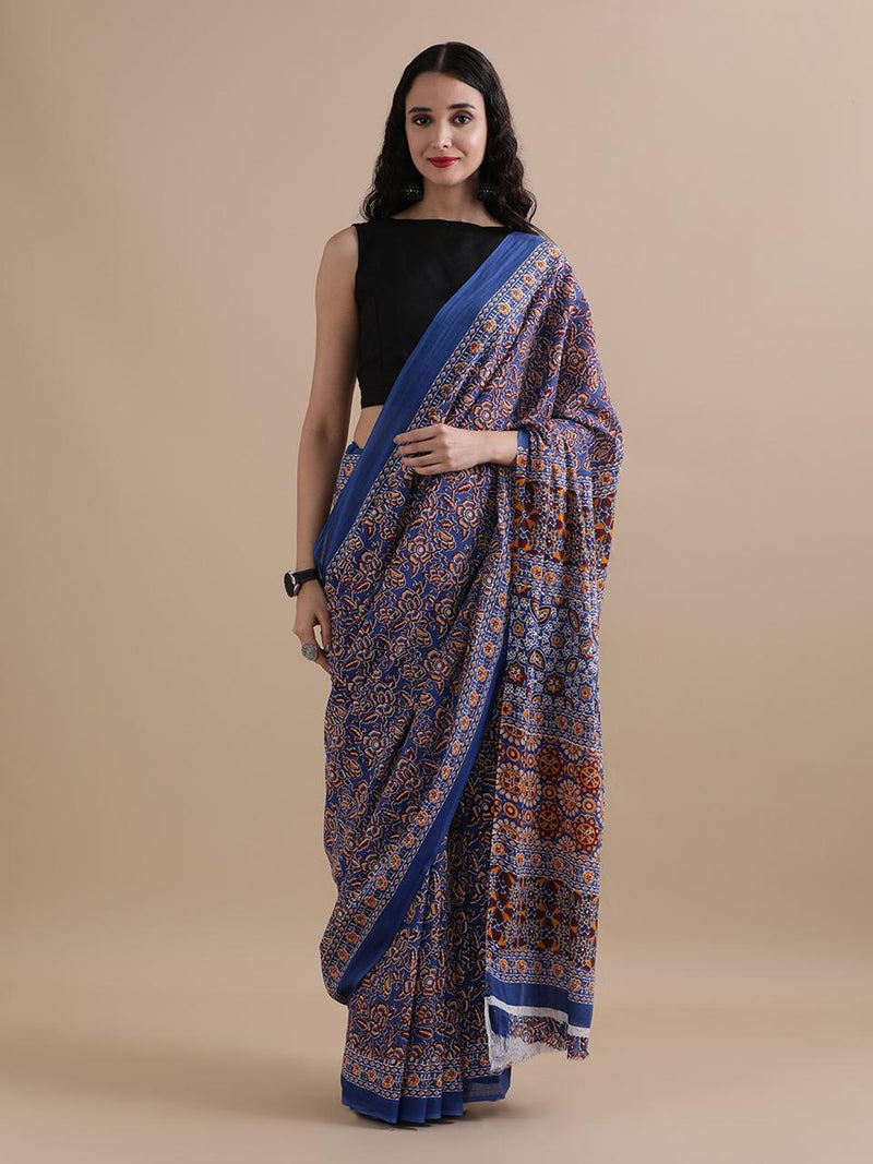 Blue Ajrakh Print Cotton Saree – Classic Heritage in Indigo