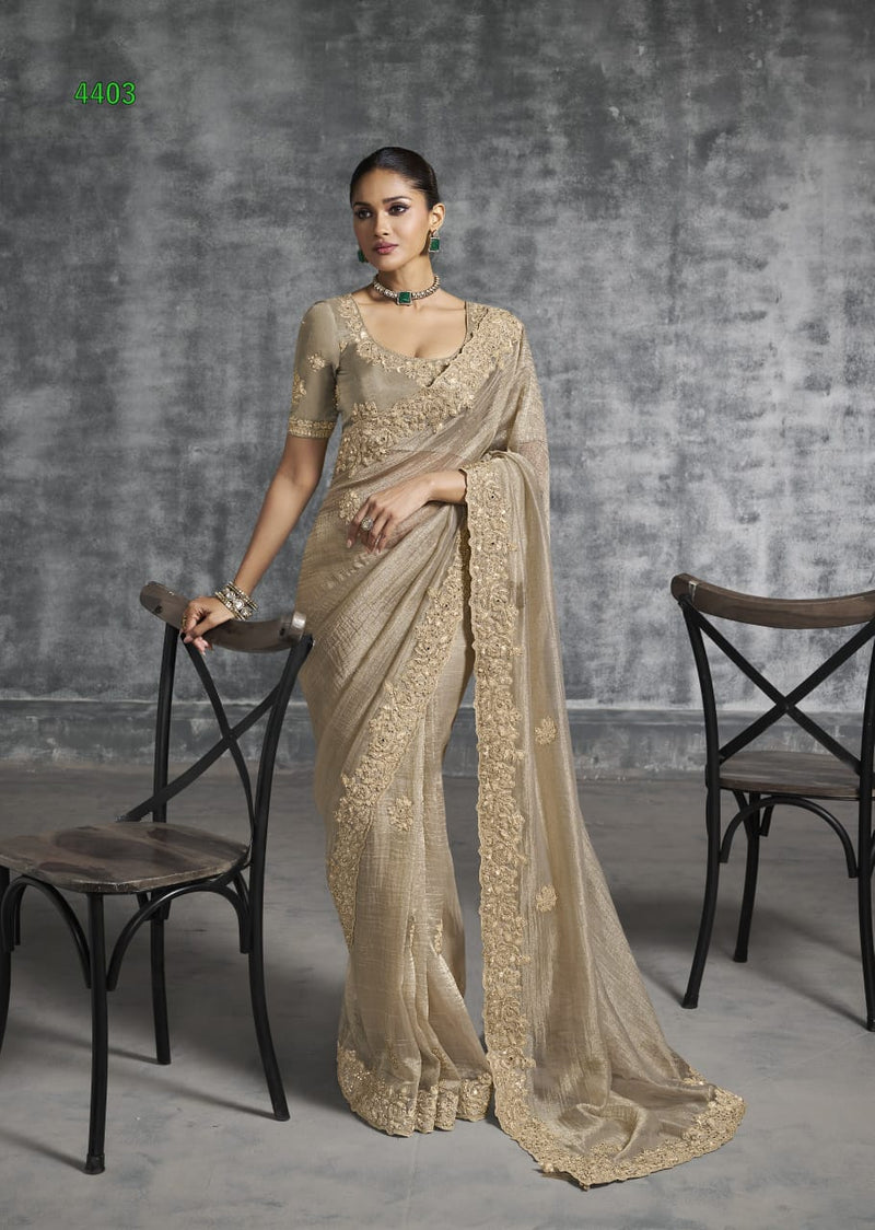 Golden Beige Embroidered Designer Saree