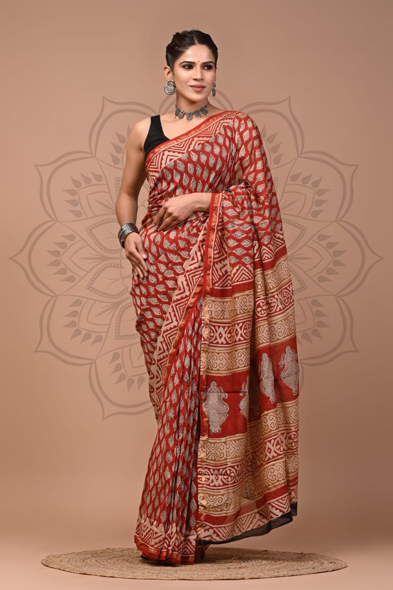 Rust Red Hand Block Printed Saree