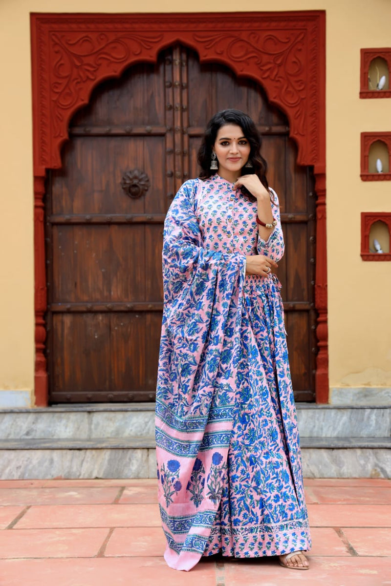 Pink & Blue Hand Block Printed Cotton Kurti Set