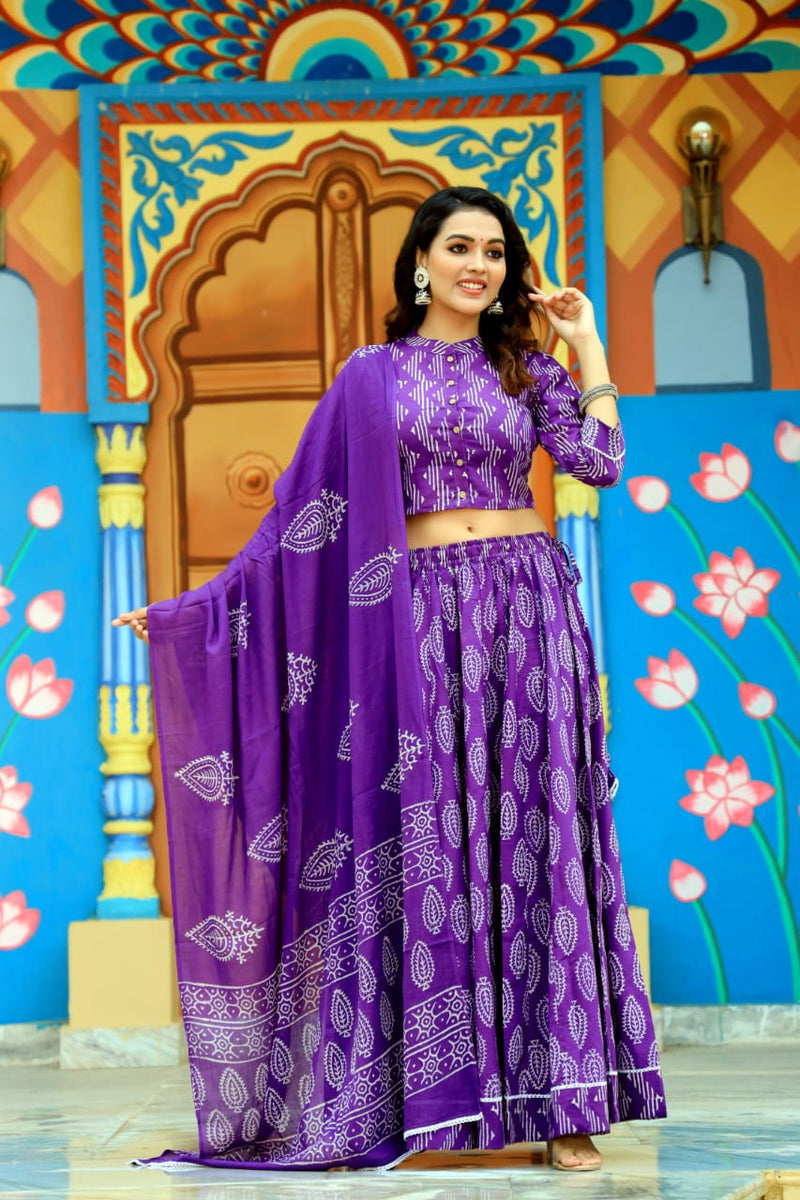 Purple Bandhani Hand Block Printed Kurti Skirt Set