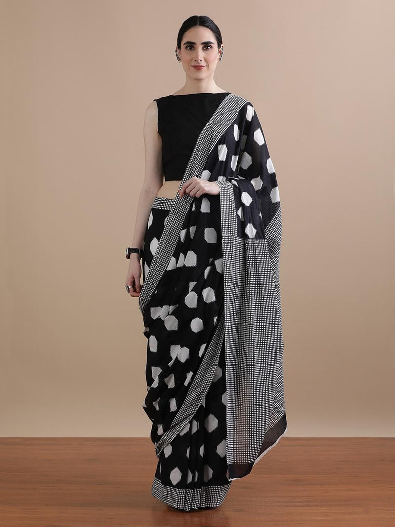 Black & White Polka Cotton Saree – Classic Monochrome Magic