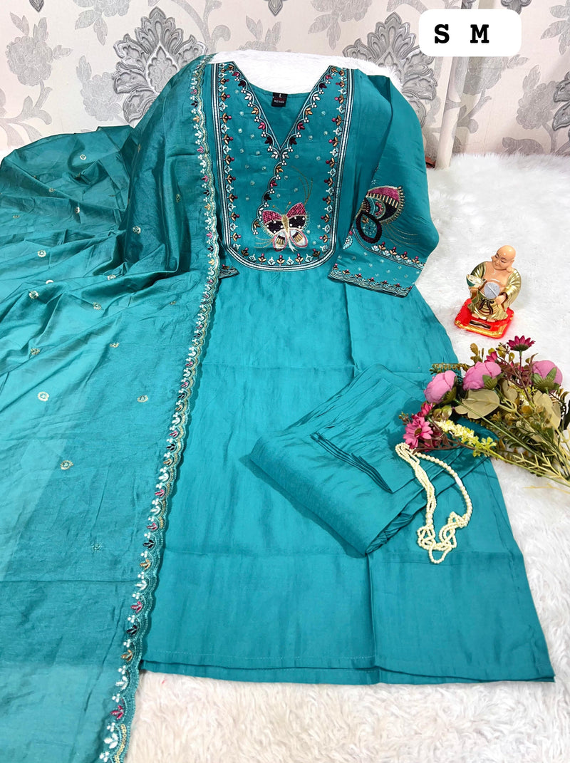 Teal Butterfly Embroidered Kurti Set with Matching Dupatta & Pants