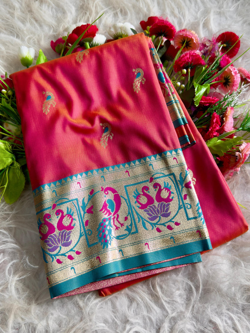 Pink Silk Saree with Teal Zari Border & Peacock Motifs